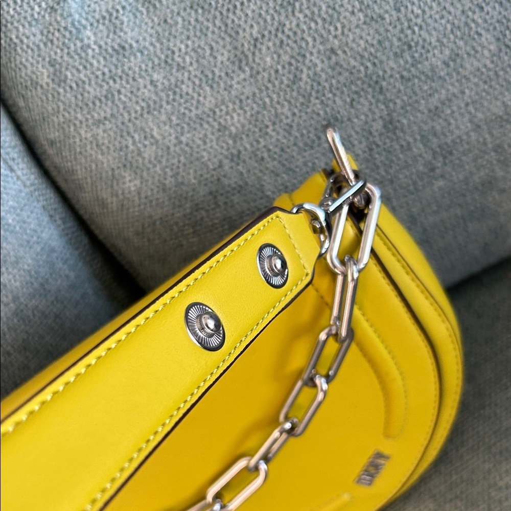 DKNY Bright Yellow Leather Saddle Crossbody with Silver Chain - Picture 5 of 9